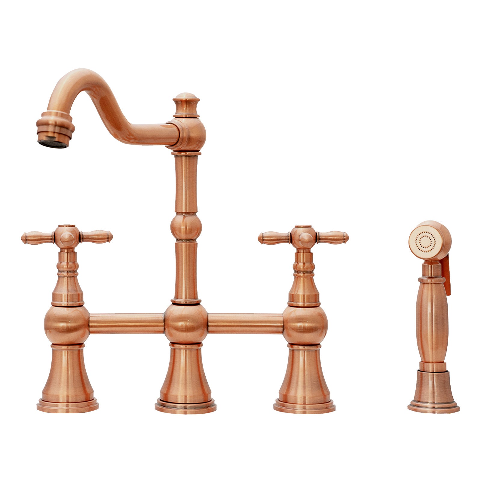 Akicon Bridge Kitchen Faucets - Solid Brass Kitchen Faucet with Side Sprayer- 2 Cross Handles Kitchen Sink Faucet, Copper, AK96718N1