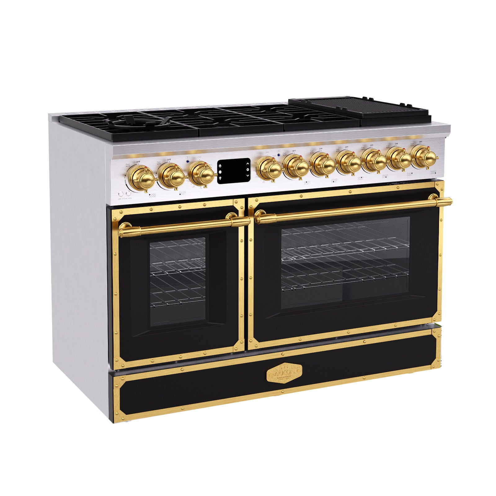 Akicon 48 Inch Freestanding Gas Range with 8 Sealed Burners Cooktop, Rapid Convection Oven, 6.7 Cu.Ft. Dual Zone Capacity with Heavy-Duty Cast Iron Grate Cooking Stove, Natural Gas/LP Convertible