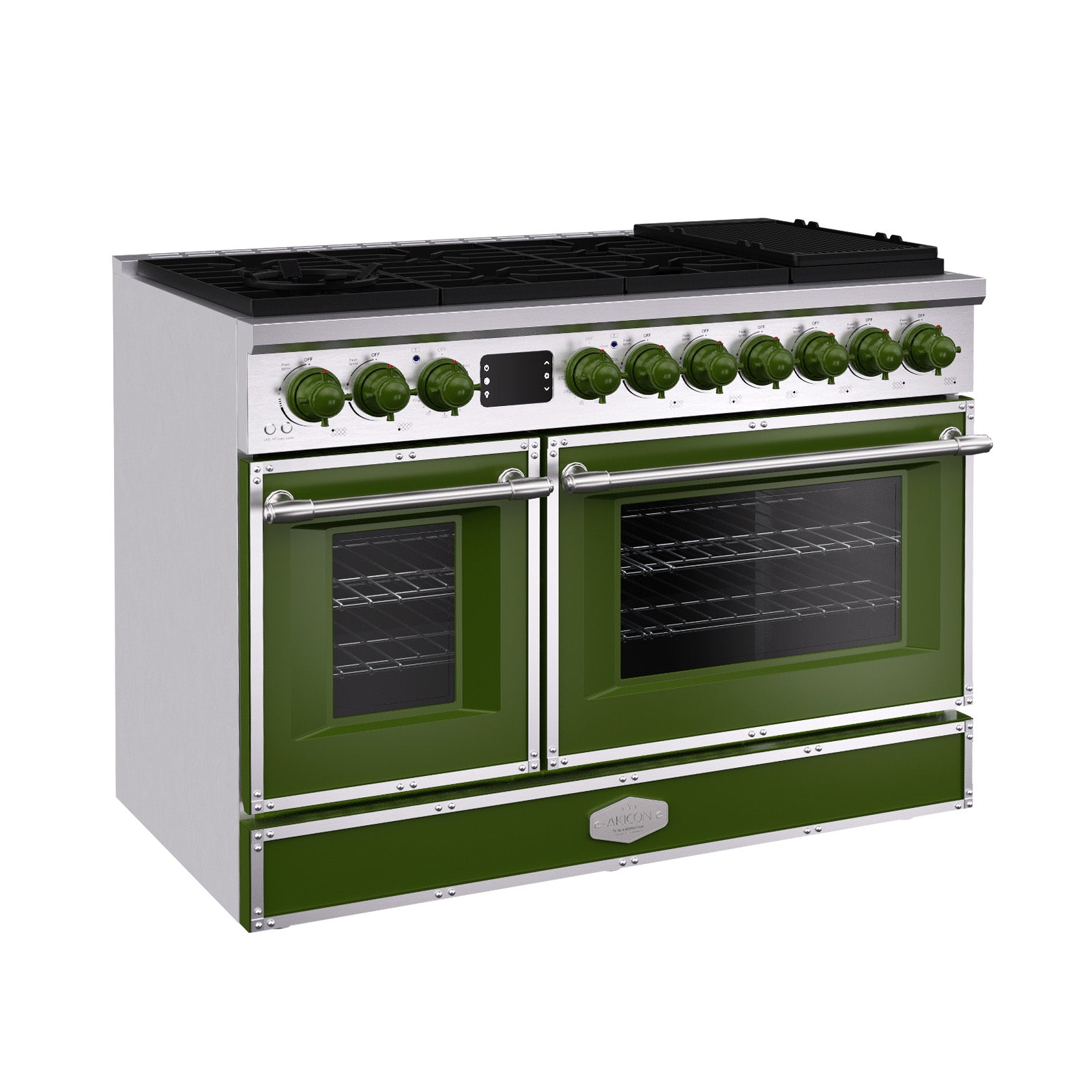Akicon 48 Inch Freestanding Gas Range with 8 Sealed Burners Cooktop, Rapid Convection Oven, 6.7 Cu.Ft. Dual Zone Capacity with Heavy-Duty Cast Iron Grate Cooking Stove, Natural Gas/LP Convertible