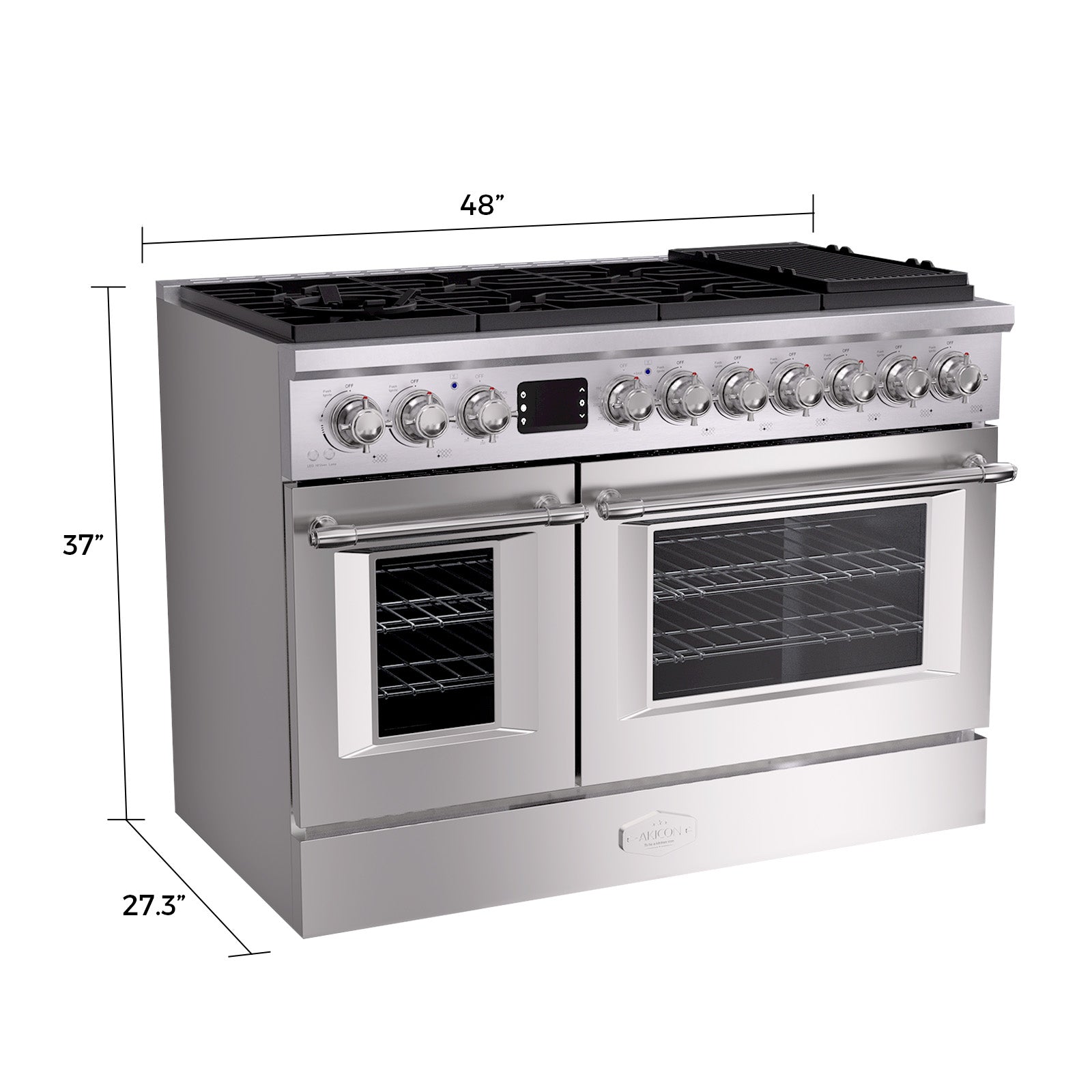 48" Freestanding Gas Range with 8 Sealed Burners Cooktop, Rapid Convection Oven, Natural Gas/LP Convertible - AK-G48N05A-BS