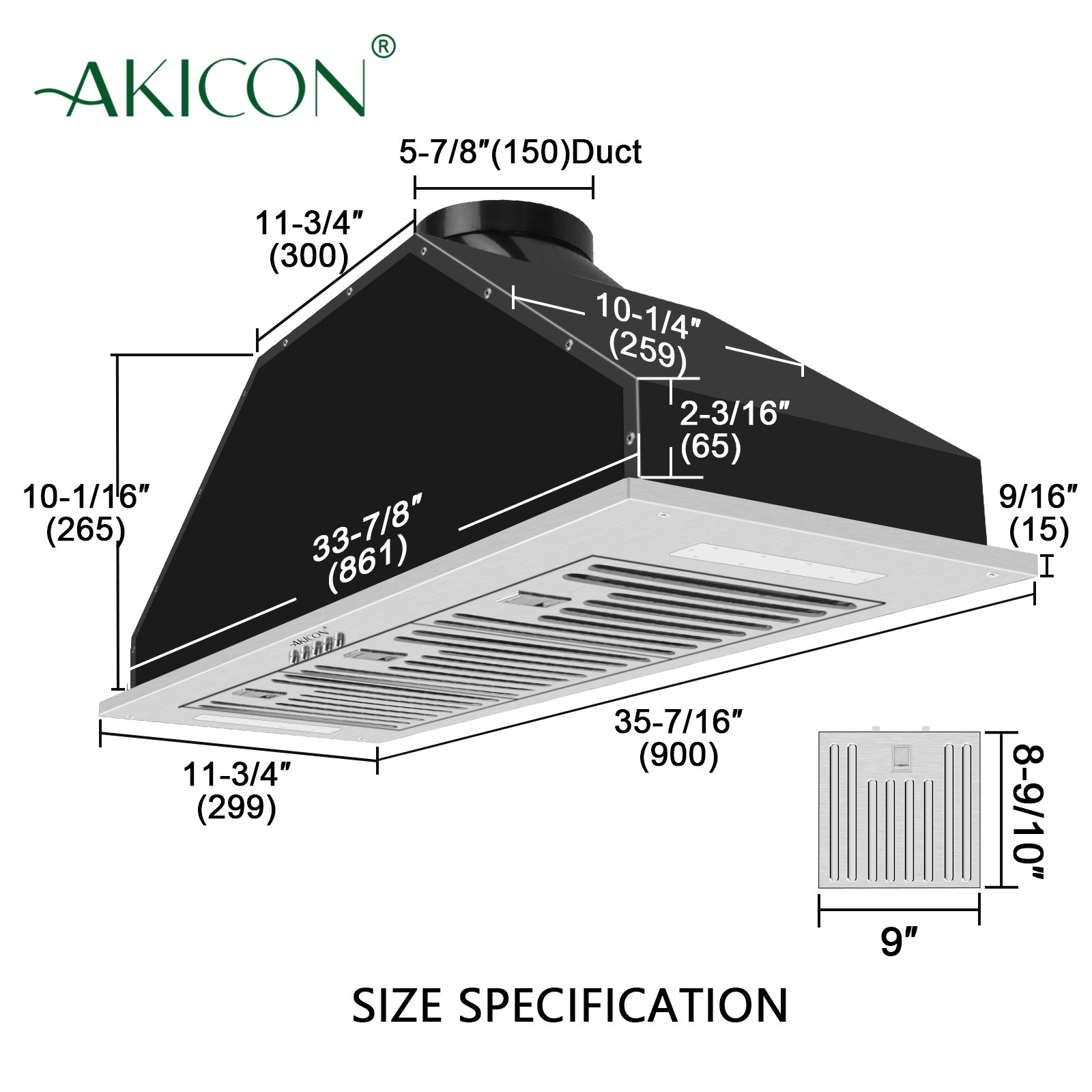36“ Range Hood Insert, 600 CFM Built-in Stainless Steel Kitchen Hood with LED Lights - AK-HOOD-36