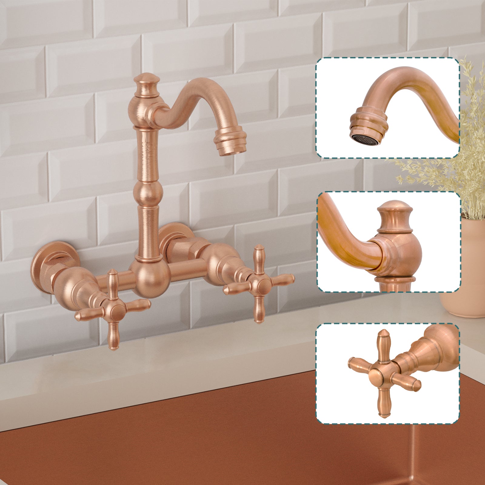 Akicon Bathroom Faucets - Solid Brass Wall Mount Bathroom Sink Faucet with 2 Cross Handles, Copper Bathroom Faucet - AK41718N1-C