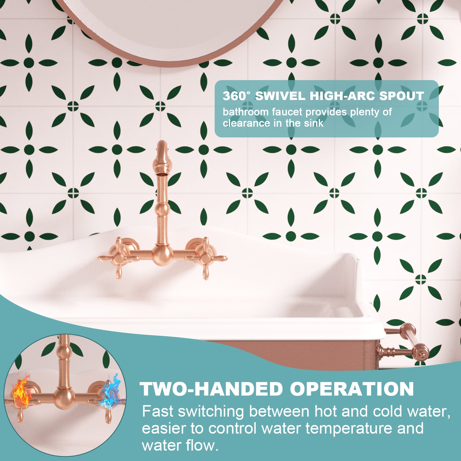 Akicon Bathroom Faucets - Solid Brass Wall Mount Bathroom Sink Faucet with 2 Cross Handles, Copper Bathroom Faucet - AK41718N1-C