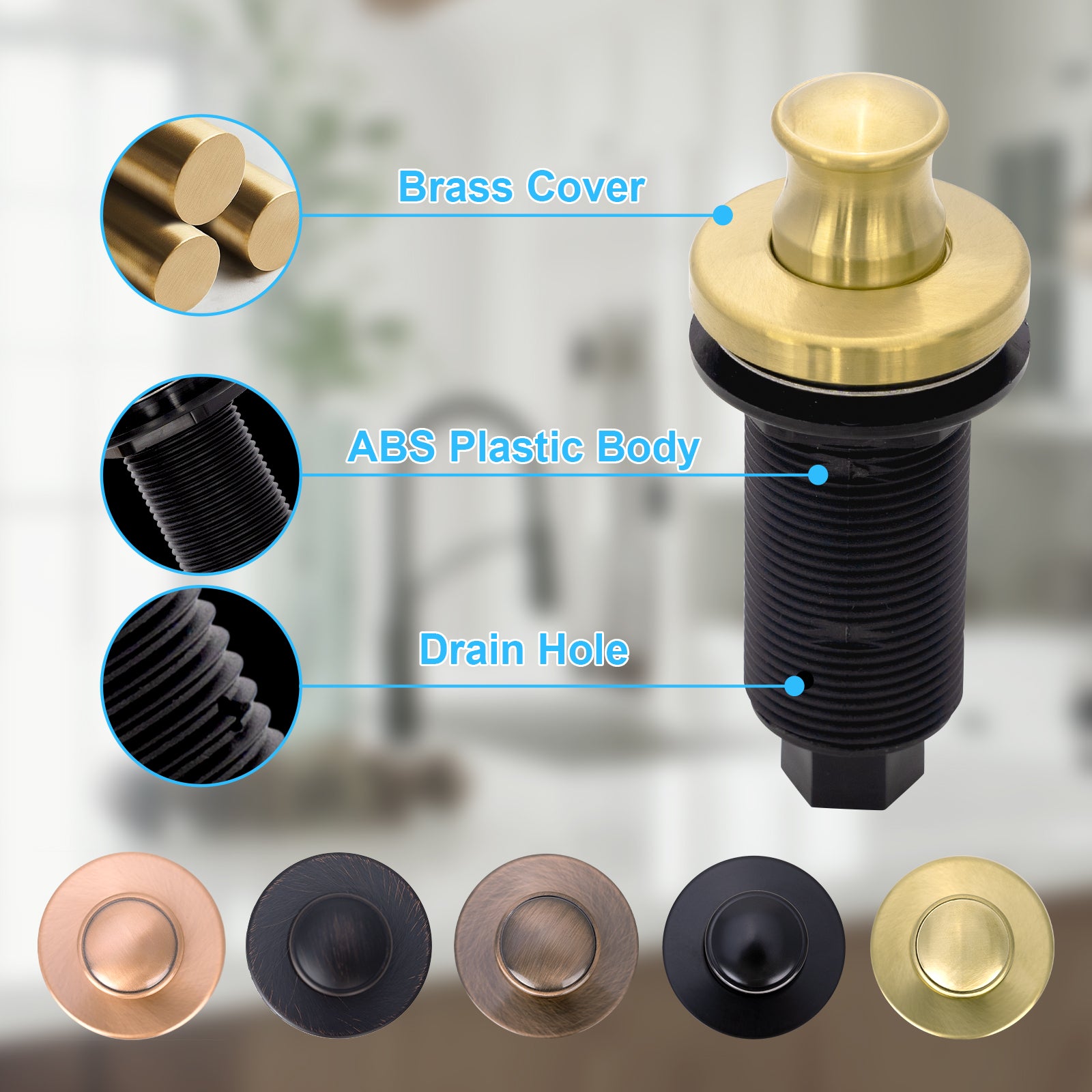 Akicon Copper Garbage Disposal Air Switch Kit, Dual Outlet Sink Top Waste Disposal On/Off Push Button with Brass Cover