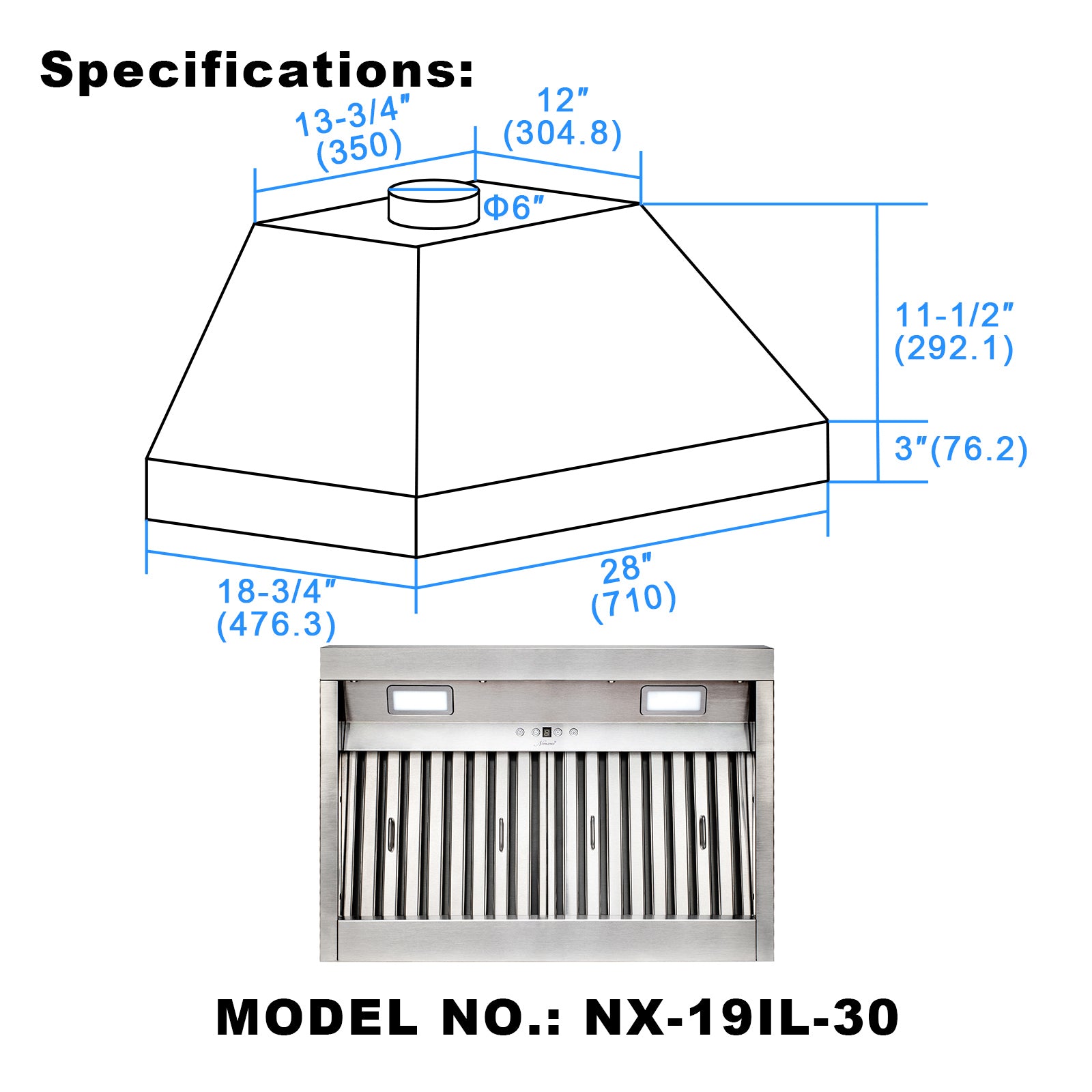 30“ Range Hood Insert, Ultra Quiet Stainless Steel 6" Ducted with 600 CFM Powerful Suction-NX-19IL-30