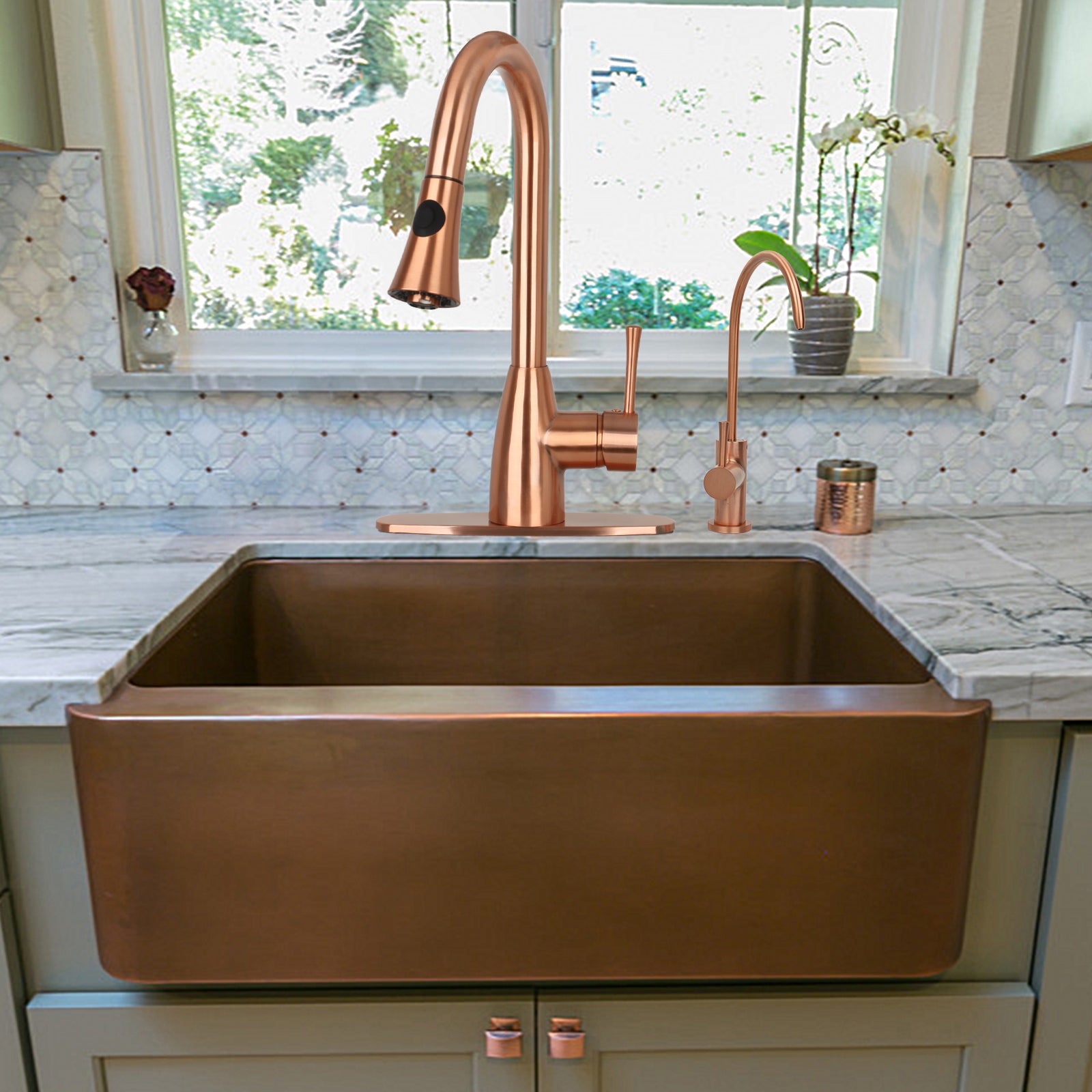 Copper Kitchen Faucet with Soap Dispenser, Single Handle Solid Brass High Arc Pull Down Sprayer Head Kitchen Sink Faucets with Deck Plate