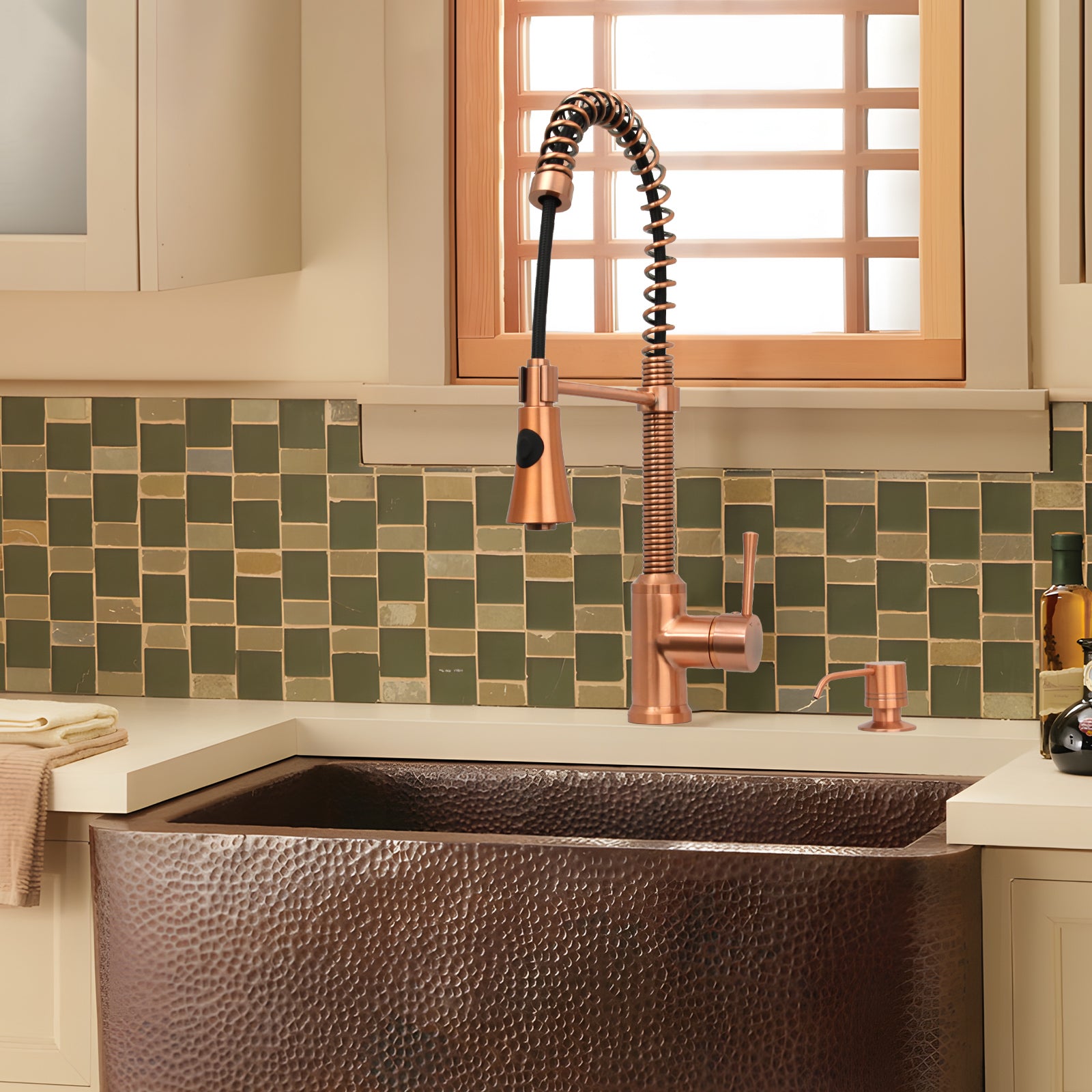 Copper Kitchen Faucet with Soap Dispenser, Single Handle Solid Brass High Arc Pull Down Sprayer Head Kitchen Sink Faucets with Deck Plate