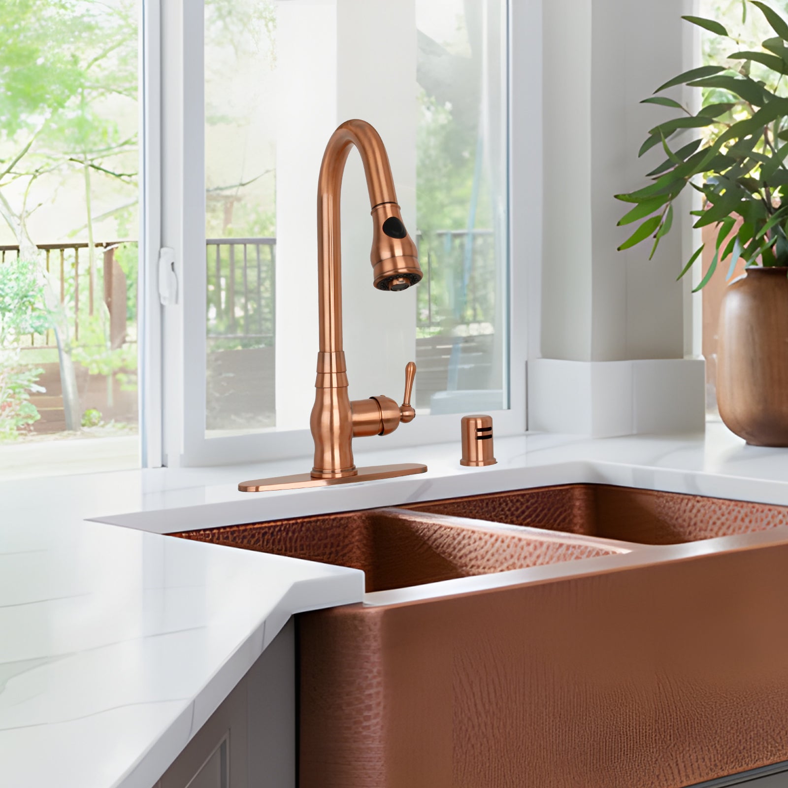 Pull Out Kitchen Faucet with Deck Plate, Single Level Solid Brass Kitchen Sink Faucets with Pull Down Sprayer-AK96418-D-C