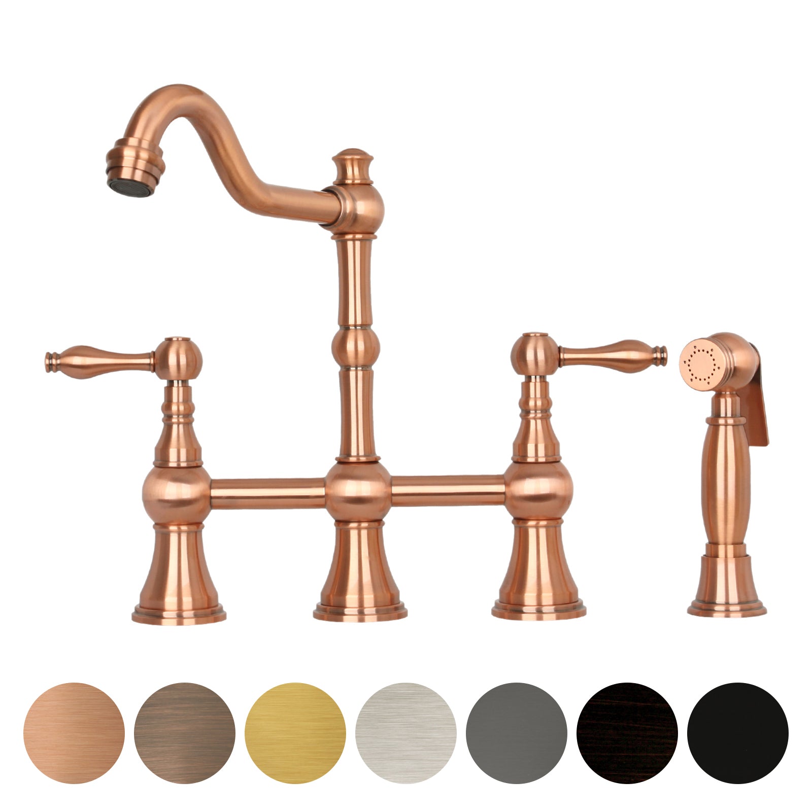 TwoHandles Copper Bridge Kitchen Faucet with Side Sprayer AK96718C