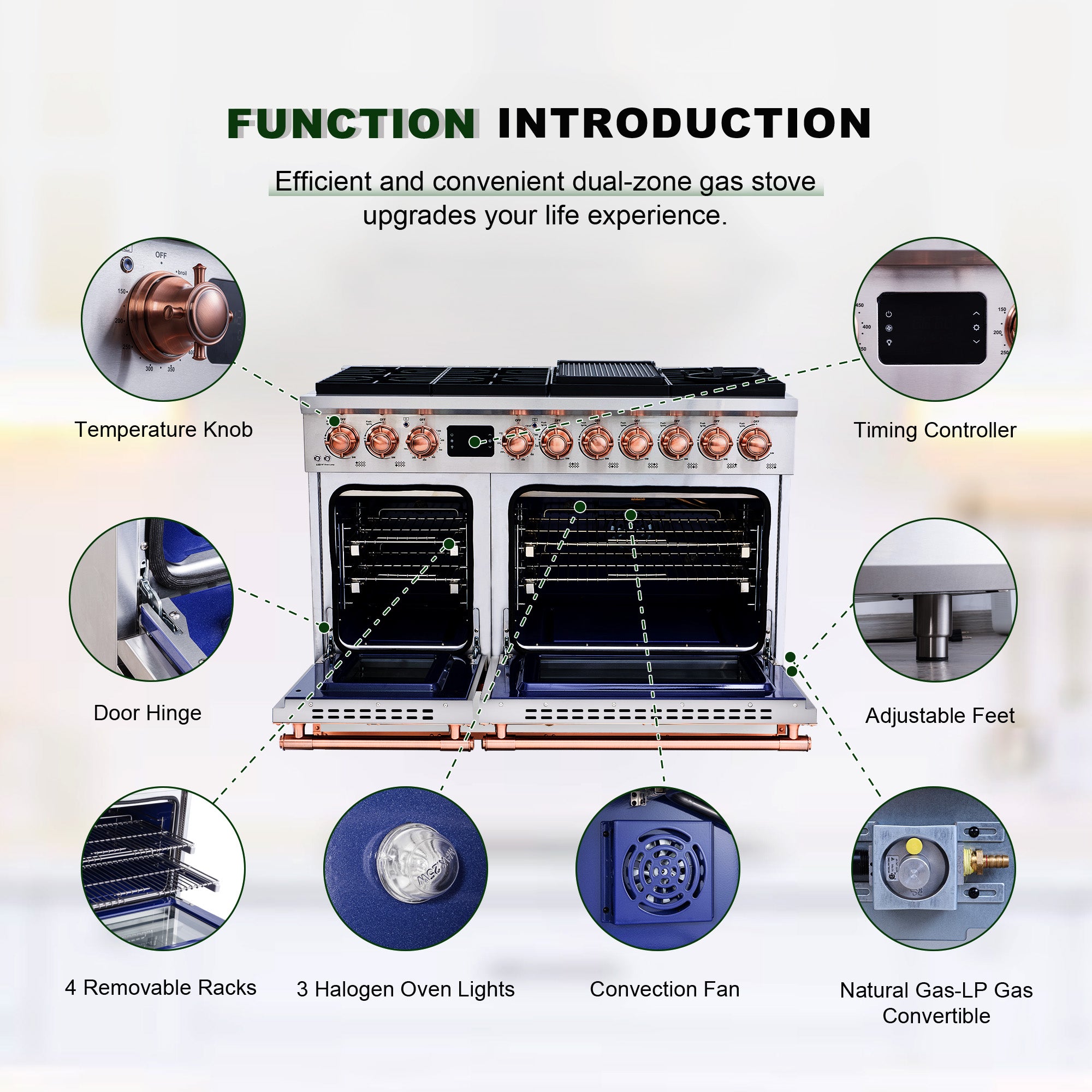 48“ Freestanding Gas Range with 8 Sealed Burners Cooktop, Rapid Convection Oven, Natural Gas/LP Convertible