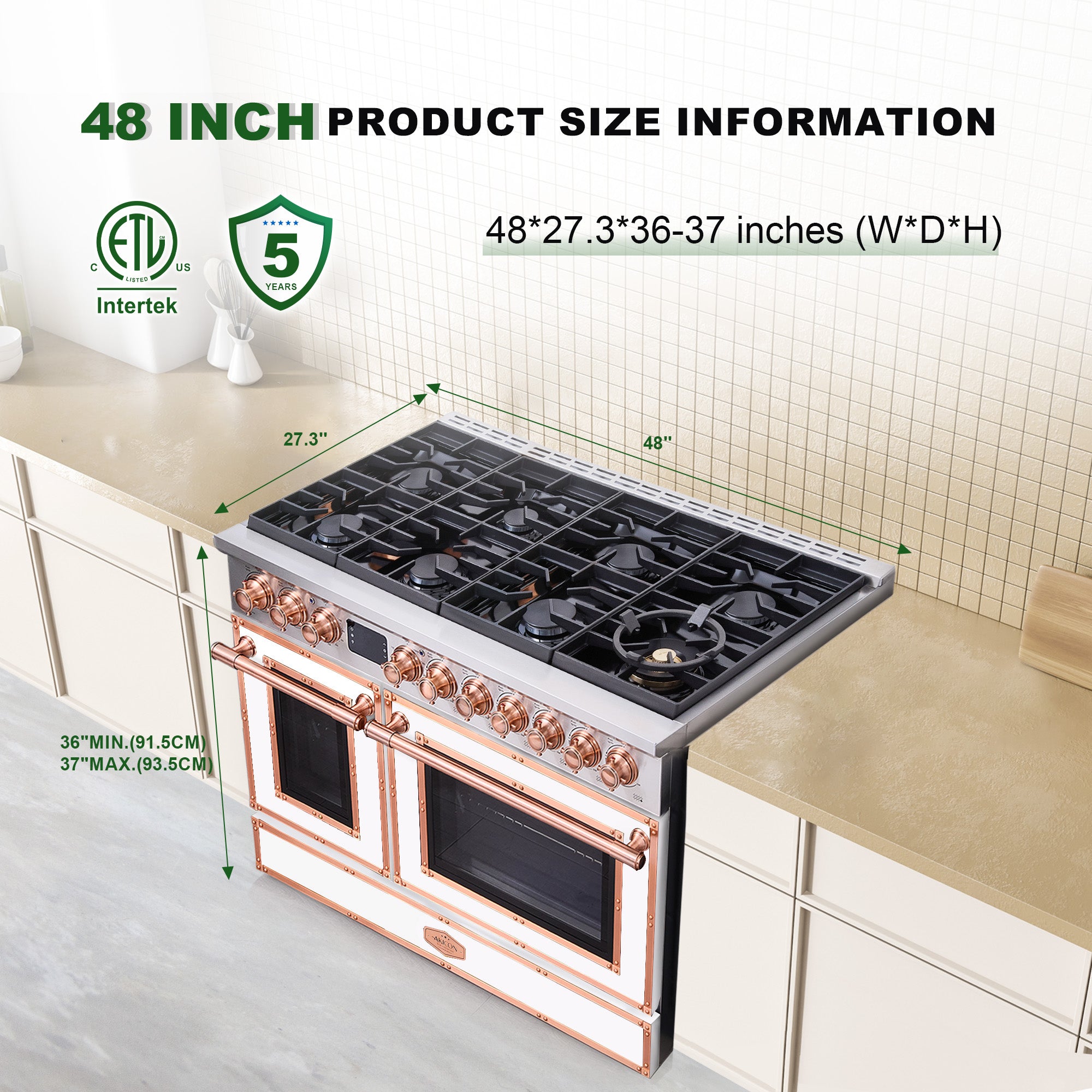 48“ Freestanding Gas Range with 8 Sealed Burners Cooktop, Rapid Convection Oven, Natural Gas/LP Convertible