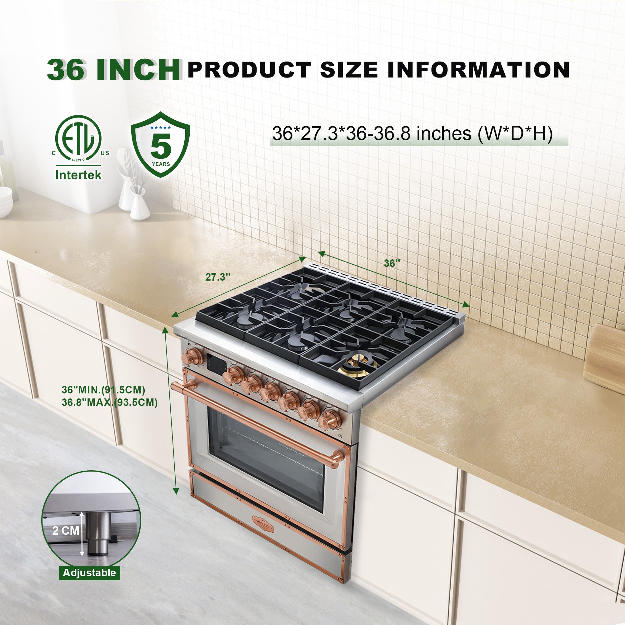 36 Inch Freestanding Gas Range with 6 Sealed Burners Cooktop, Rapid Convection Oven, Natural Gas/LP Convertible