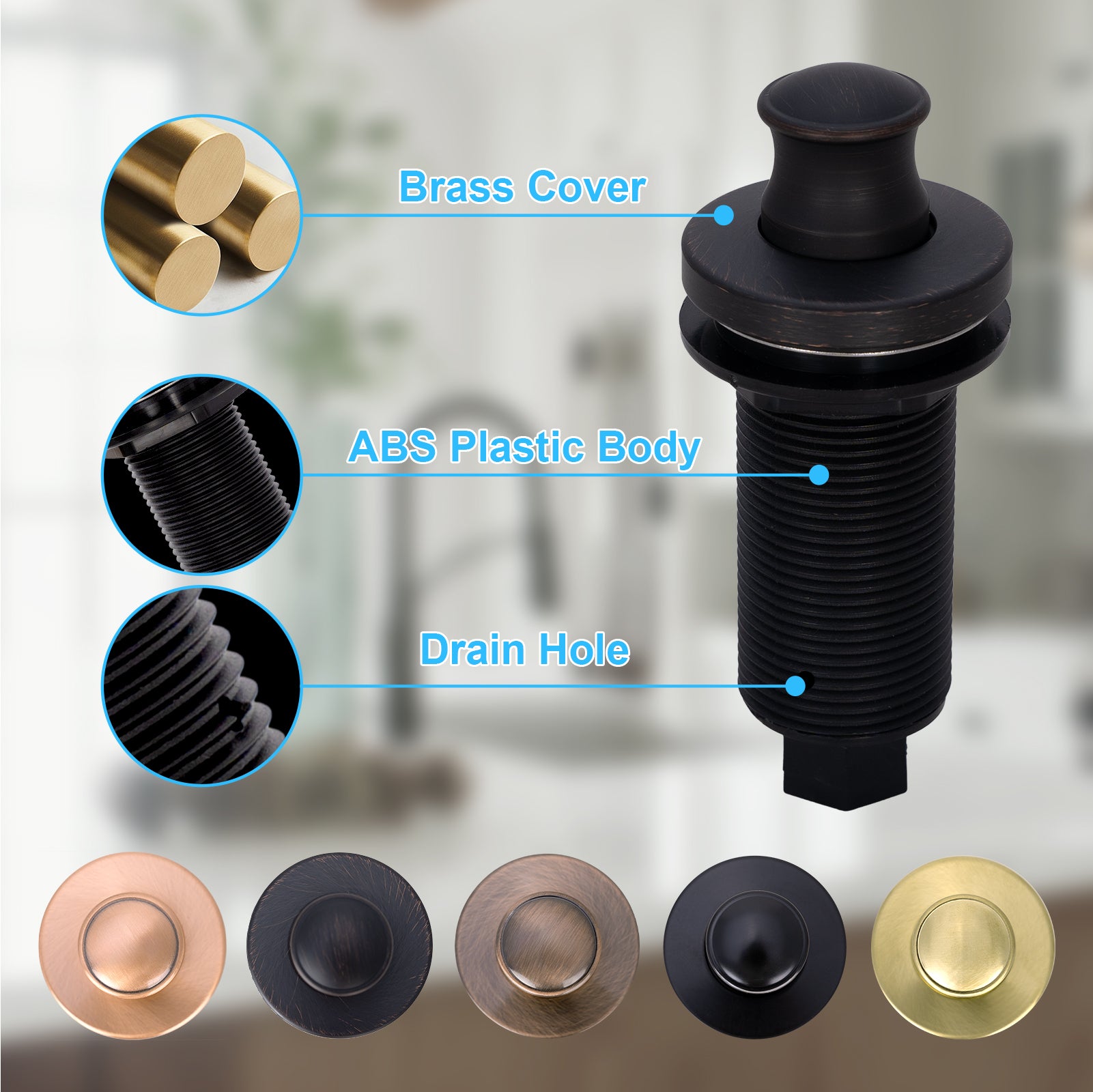 Akicon Copper Garbage Disposal Air Switch Kit, Dual Outlet Sink Top Waste Disposal On/Off Push Button with Brass Cover