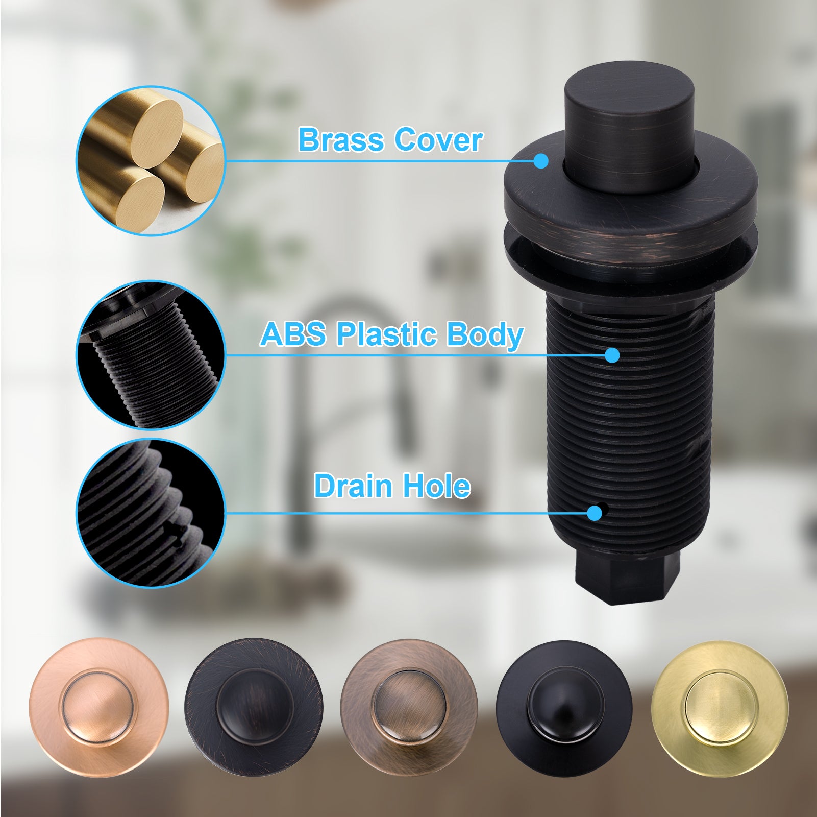 Akicon Copper Garbage Disposal Air Switch Kit, Dual Outlet Sink Top Waste Disposal On/Off Push Button with Brass Cover