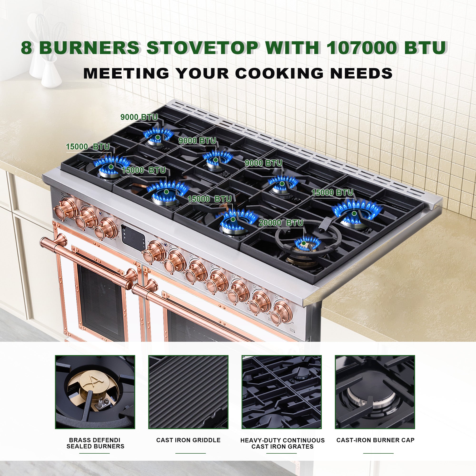 48“ Freestanding Gas Range with 8 Sealed Burners Cooktop, Rapid Convection Oven, Natural Gas/LP Convertible