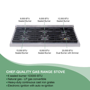 36” Freestanding Gas Range with 6 Sealed Burners Cooktop, Natural Gas/LP Convertible - AK-G36N05A-BS