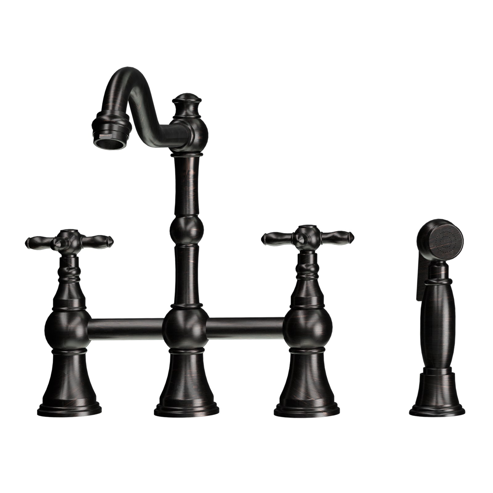 Akicon Bridge Kitchen Faucets - Solid Brass Kitchen Faucet with Side Sprayer- 2 Cross Handles Kitchen Sink Faucet