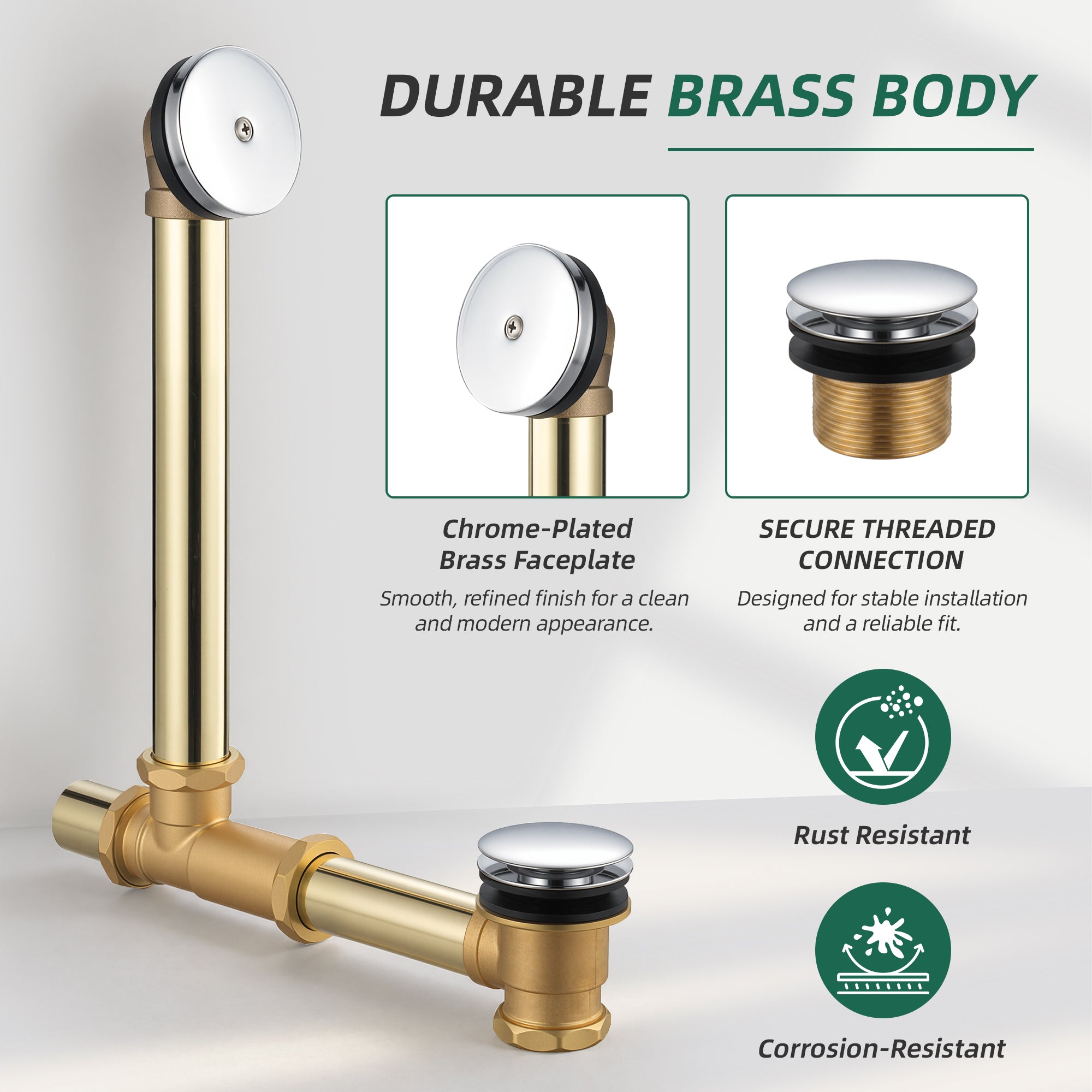 Tub Drain Kit, Solid Brass Tip-Toe Bathtub Waste and Overflow Kit