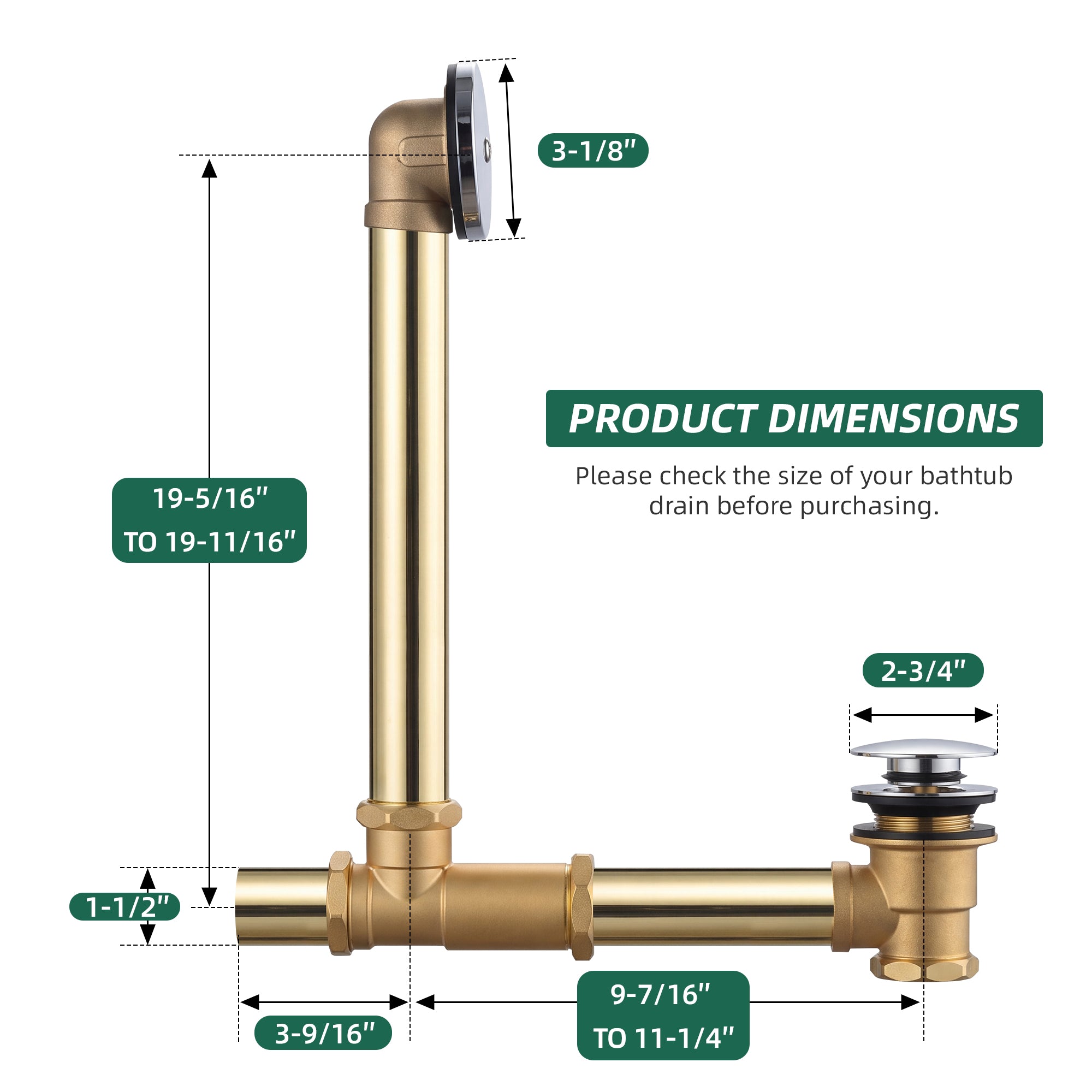 Tub Drain Kit, Solid Brass Tip-Toe Bathtub Waste and Overflow Kit