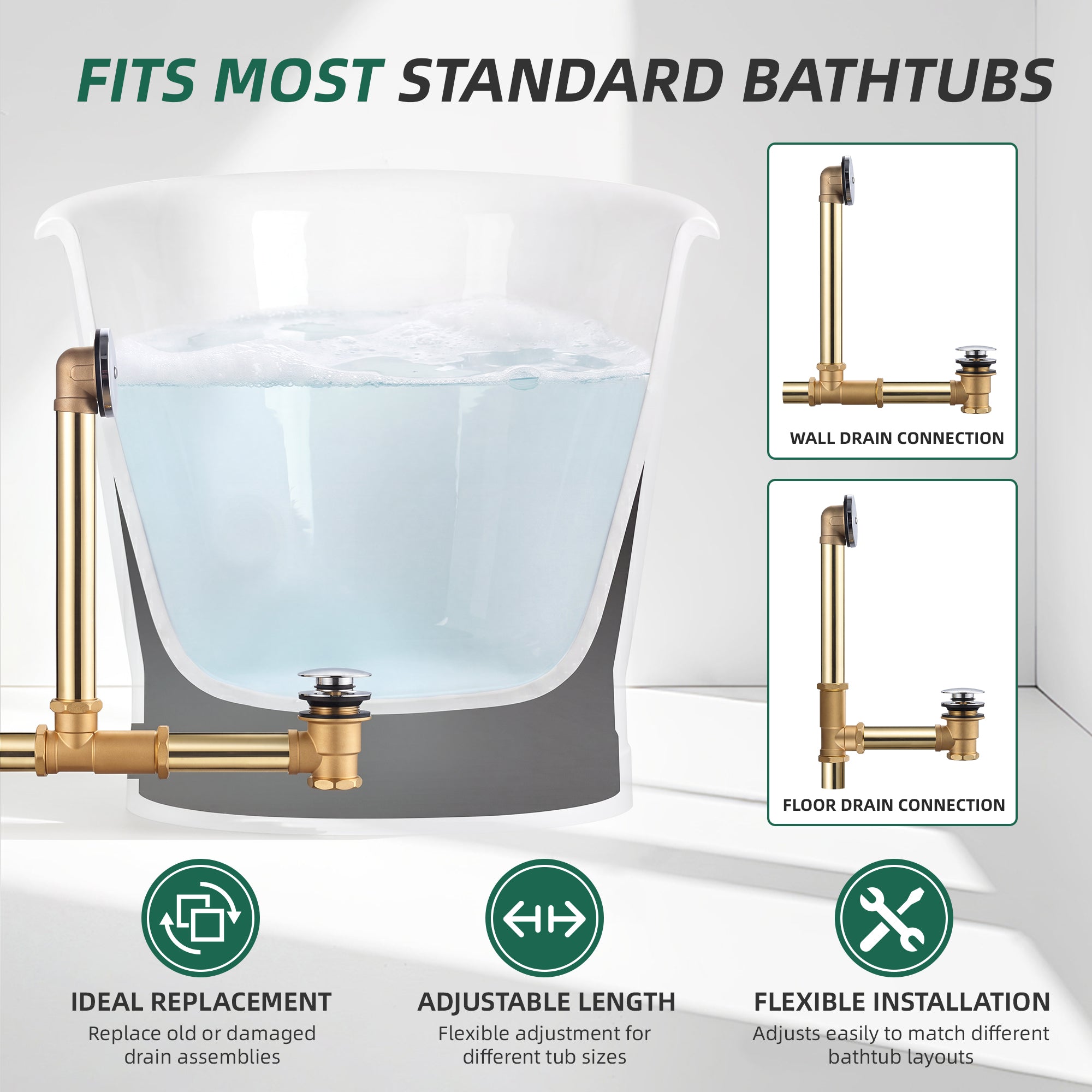 Tub Drain Kit, Solid Brass Tip-Toe Bathtub Waste and Overflow Kit