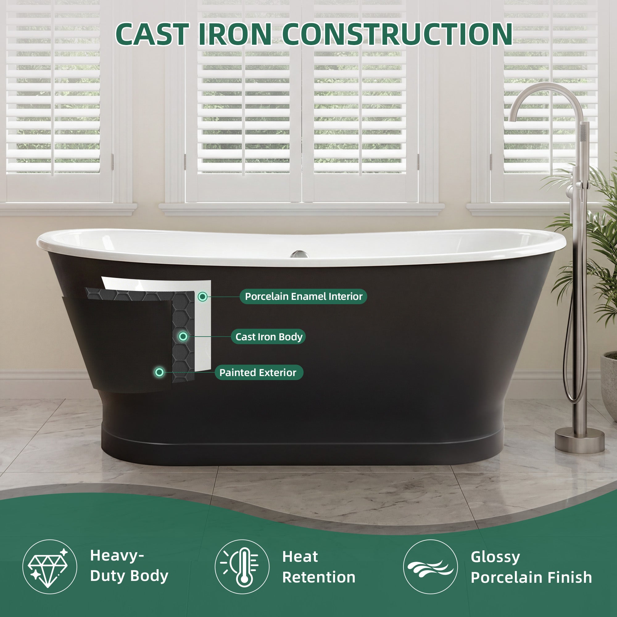 AKICON 67" Cast Iron Freestanding Bathtub, Drain and Overflow Kit Included