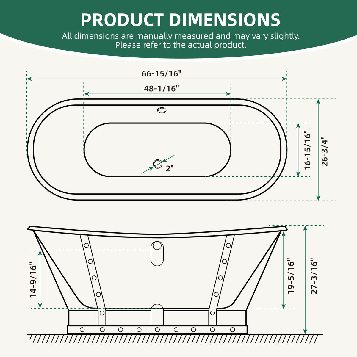 AKICON 67" Cast Iron Freestanding Bathtub, Drain and Overflow Kit Included