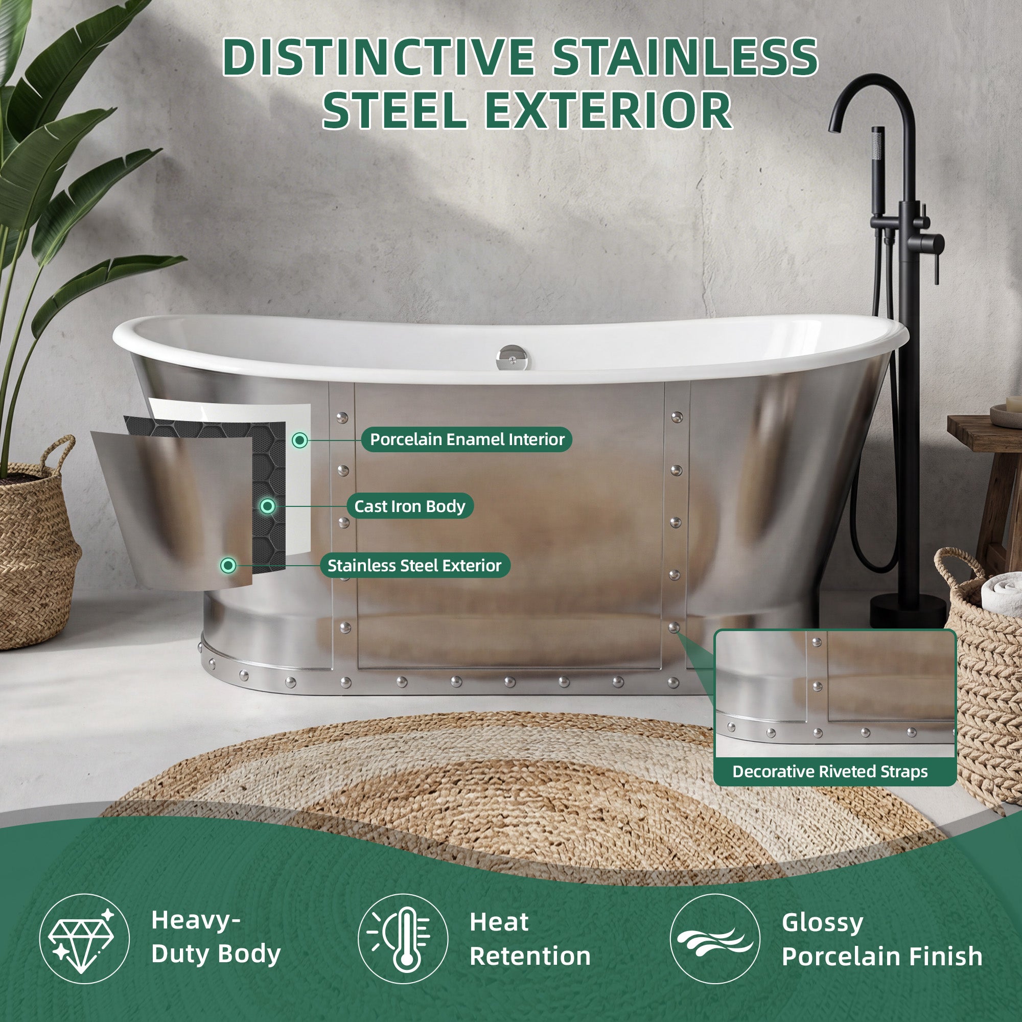 AKICON 67" Cast Iron Freestanding Bathtub, Drain and Overflow Kit Included