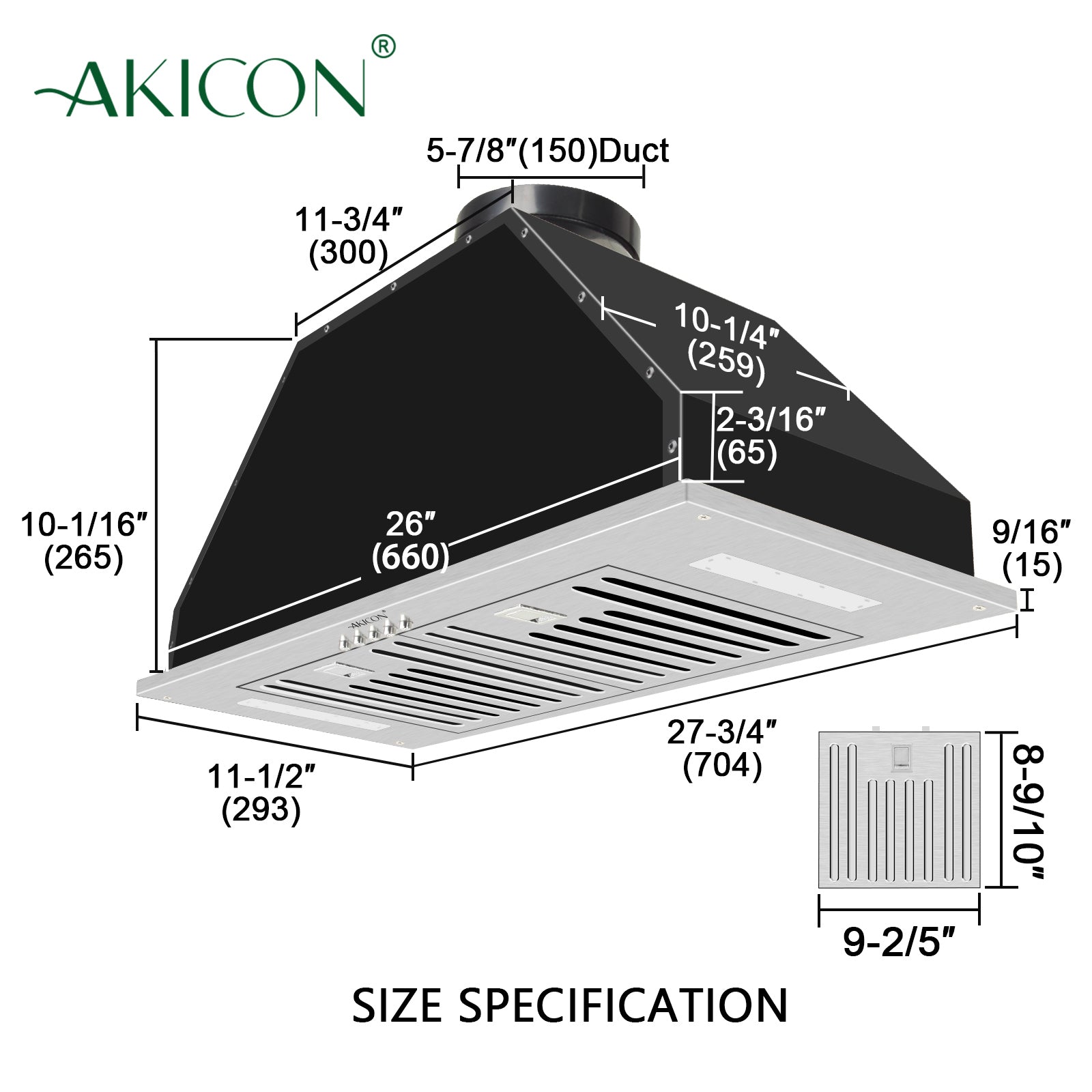 30“ Range Hood Insert, 600 CFM Built-in Stainless Steel Kitchen Hood with LED Lights - AK-HOOD-30