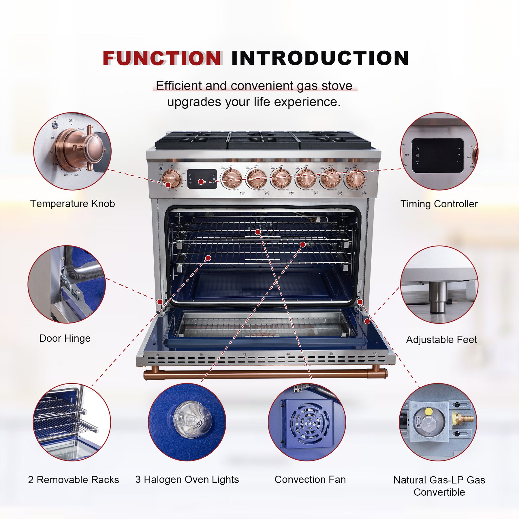 36 Inch Freestanding Custom Gas Range with 6 Sealed Burners Cooktop, Rapid Convection Oven, Natural Gas/LP Convertible - AK-G36N05A-2