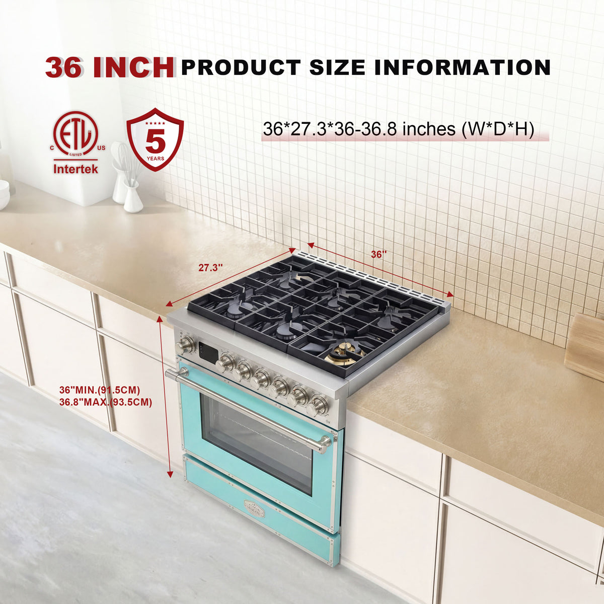 36” Freestanding Gas Range with 6 Sealed Burners & Digital Timer - Powder Blue & Stainless Steel, Natural Gas/LP Convertible