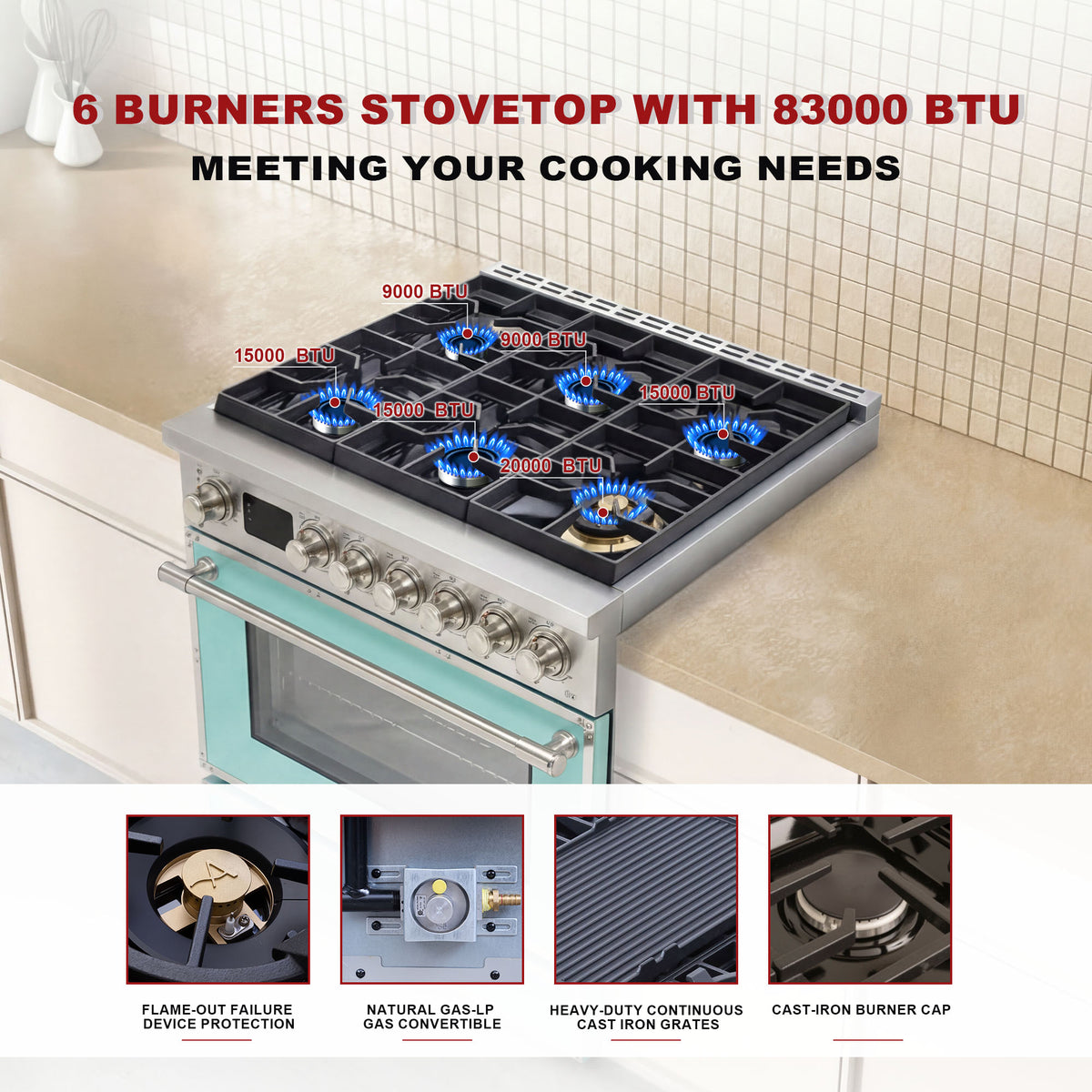 36” Freestanding Gas Range with 6 Sealed Burners & Digital Timer - Powder Blue & Stainless Steel, Natural Gas/LP Convertible
