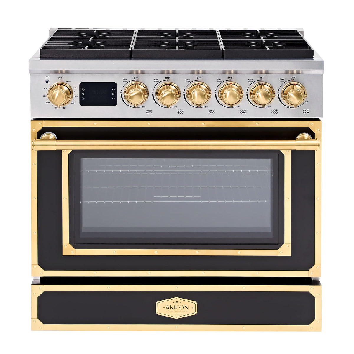 36” Freestanding Gas Range with 6 Sealed Burners & Digital Timer - Matte Black & Gold, Natural Gas/LP Convertible