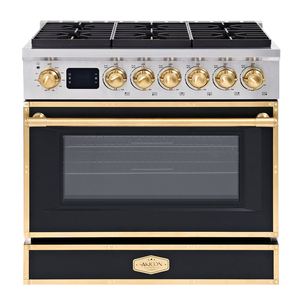 36” Freestanding Gas Range with 6 Sealed Burners & Digital Timer - Matte Black & Gold, Natural Gas/LP Convertible
