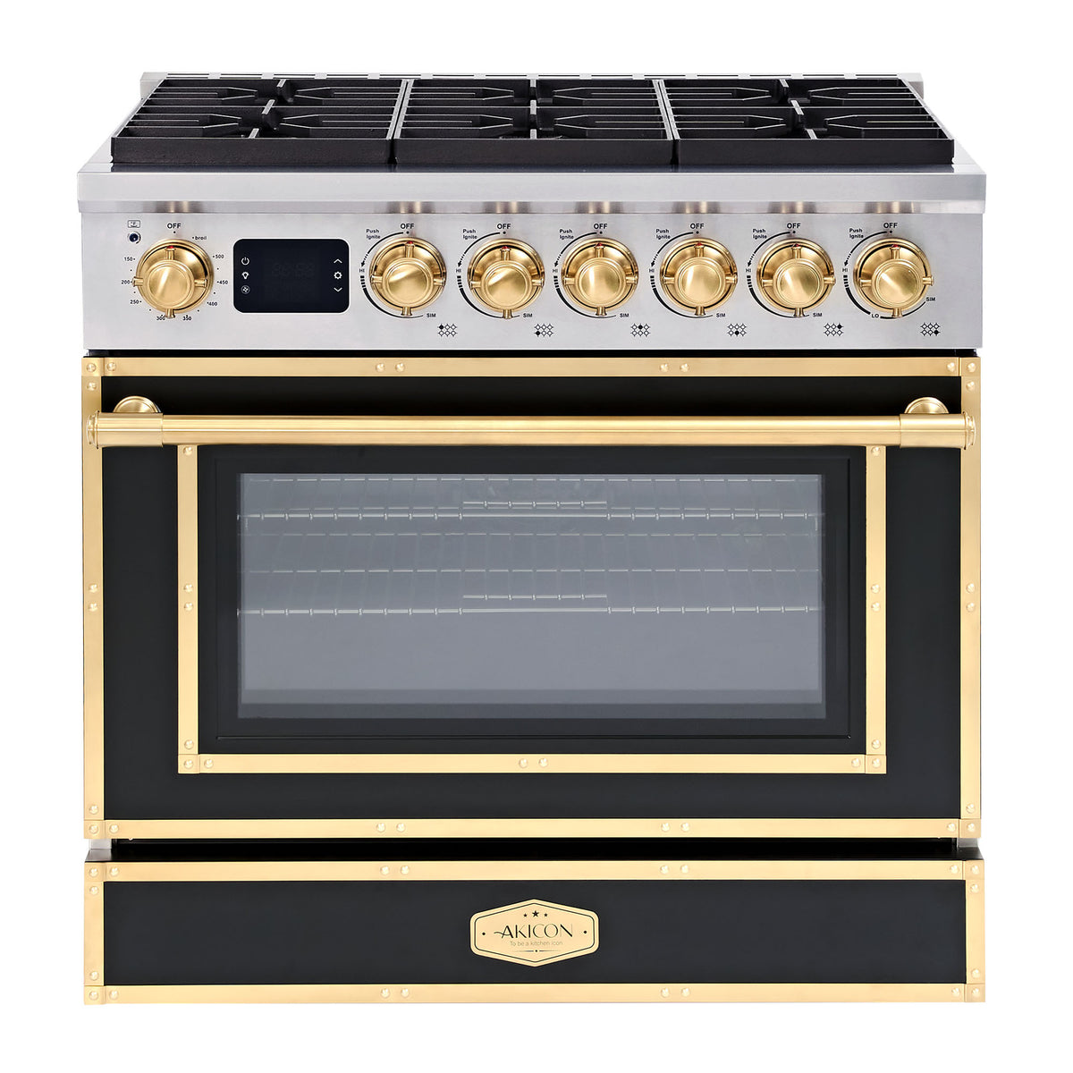 36” Freestanding Gas Range with 6 Sealed Burners & Digital Timer - Matte Black & Gold, Natural Gas/LP Convertible