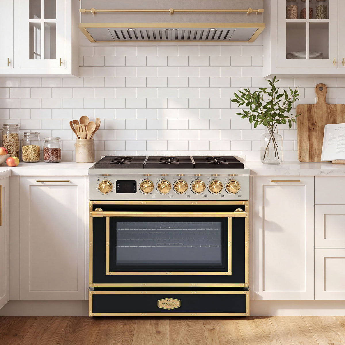 36” Freestanding Gas Range with 6 Sealed Burners & Digital Timer - Matte Black & Gold, Natural Gas/LP Convertible