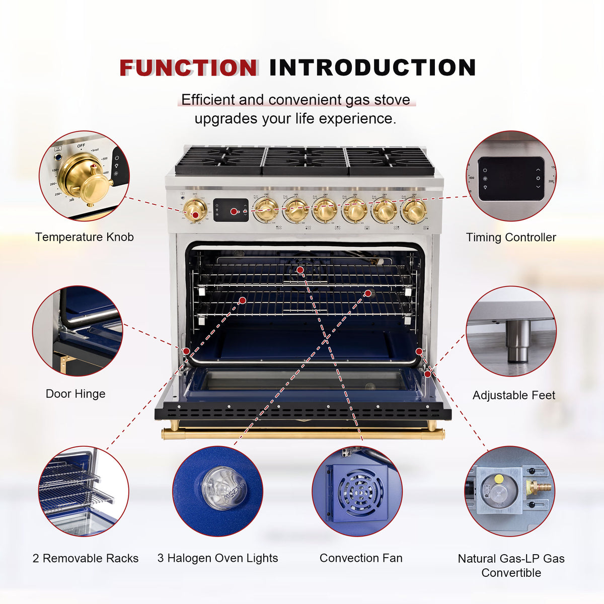 36” Freestanding Gas Range with 6 Sealed Burners & Digital Timer - Matte Black & Gold, Natural Gas/LP Convertible