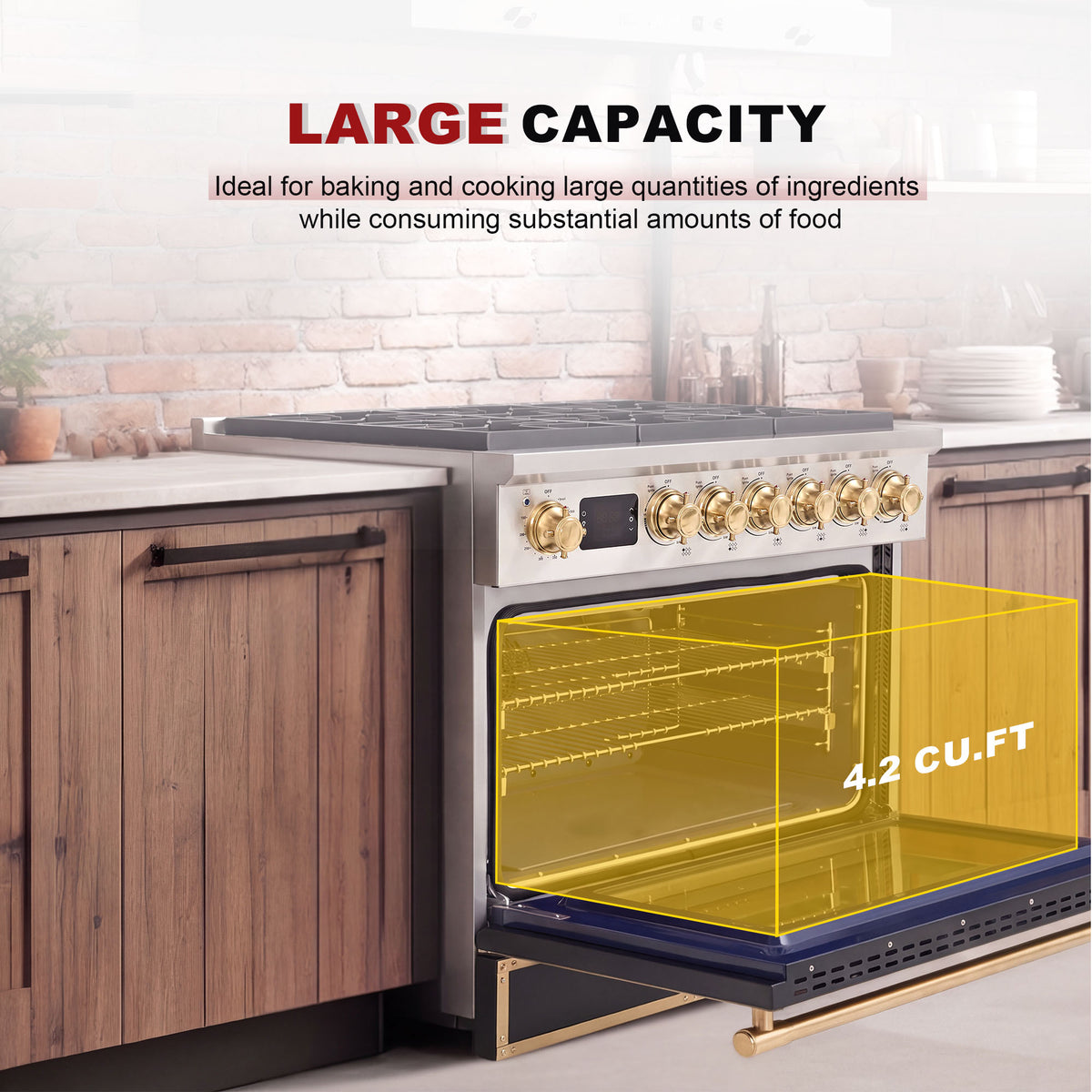 36” Freestanding Gas Range with 6 Sealed Burners & Digital Timer - Matte Black & Gold, Natural Gas/LP Convertible