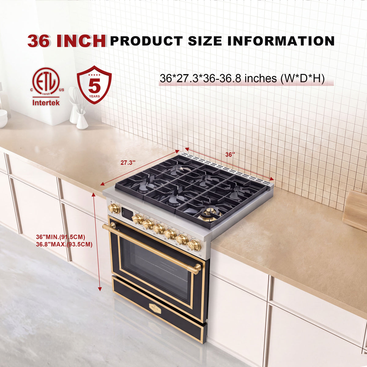 36” Freestanding Gas Range with 6 Sealed Burners & Digital Timer - Matte Black & Gold, Natural Gas/LP Convertible