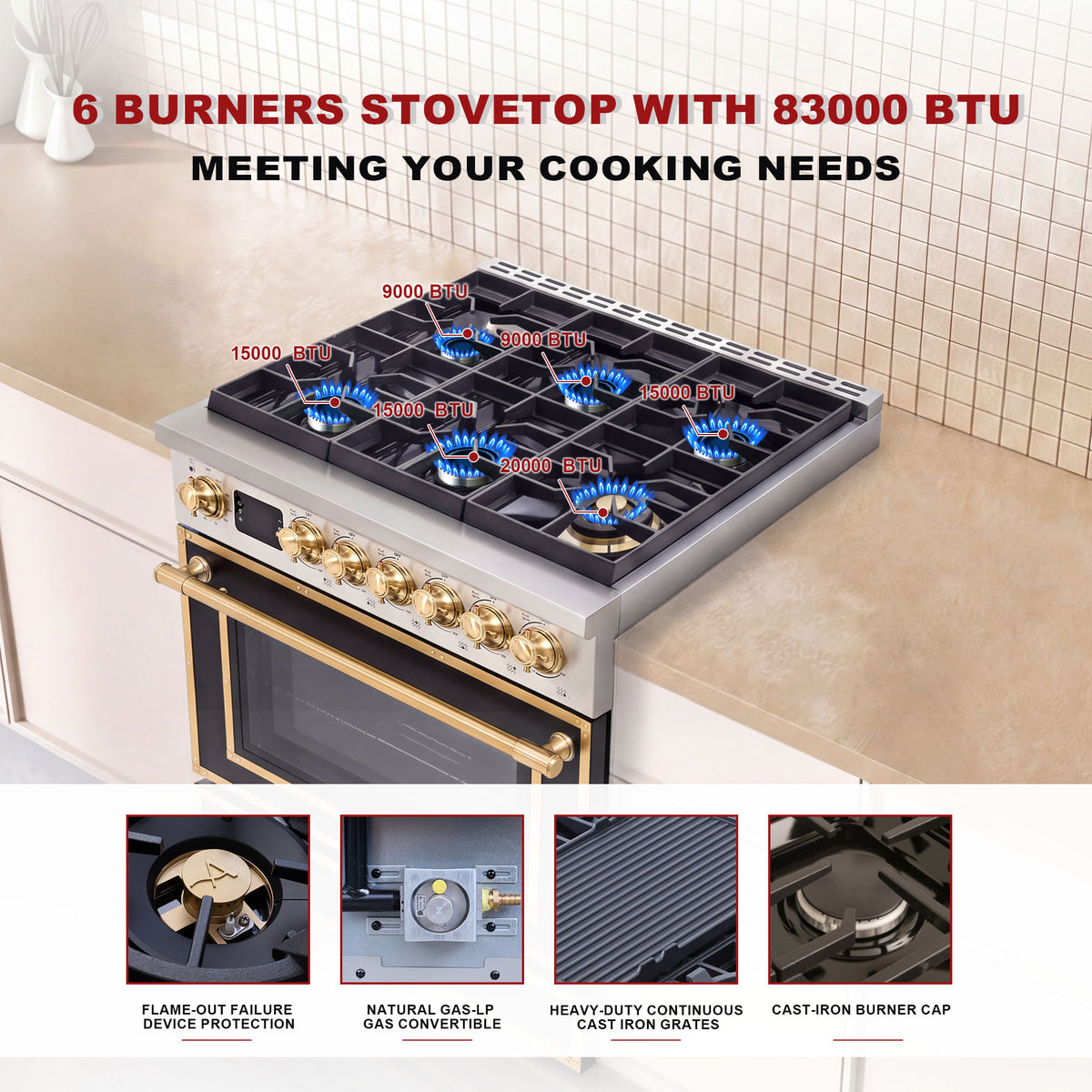 36” Freestanding Gas Range with 6 Sealed Burners & Digital Timer - Matte Black & Gold, Natural Gas/LP Convertible