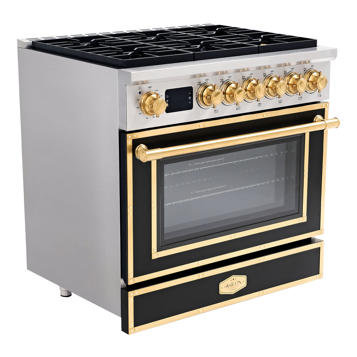 36” Freestanding Gas Range with 6 Sealed Burners & Digital Timer - Matte Black & Gold, Natural Gas/LP Convertible