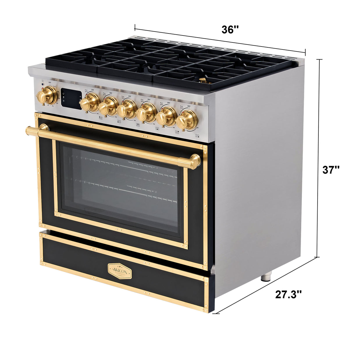 36” Freestanding Gas Range with 6 Sealed Burners & Digital Timer - Matte Black & Gold, Natural Gas/LP Convertible