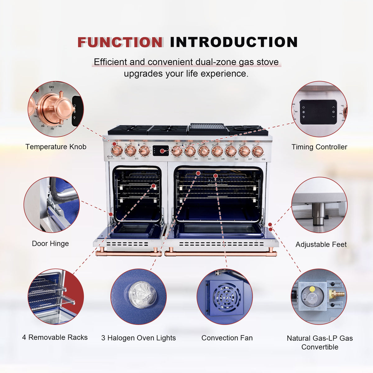 48” Freestanding Gas Range with 8 Sealed Burners & Digital Timer - Stainless Steel & Copper, Natural Gas/LP Convertible
