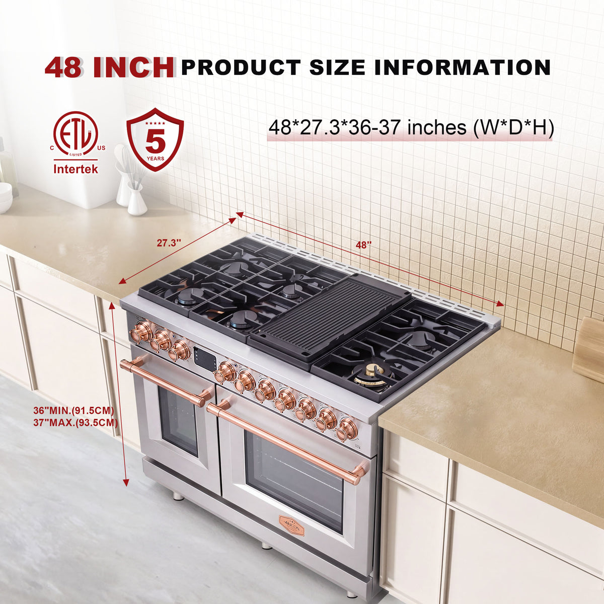 48” Freestanding Gas Range with 8 Sealed Burners & Digital Timer - Stainless Steel & Copper, Natural Gas/LP Convertible