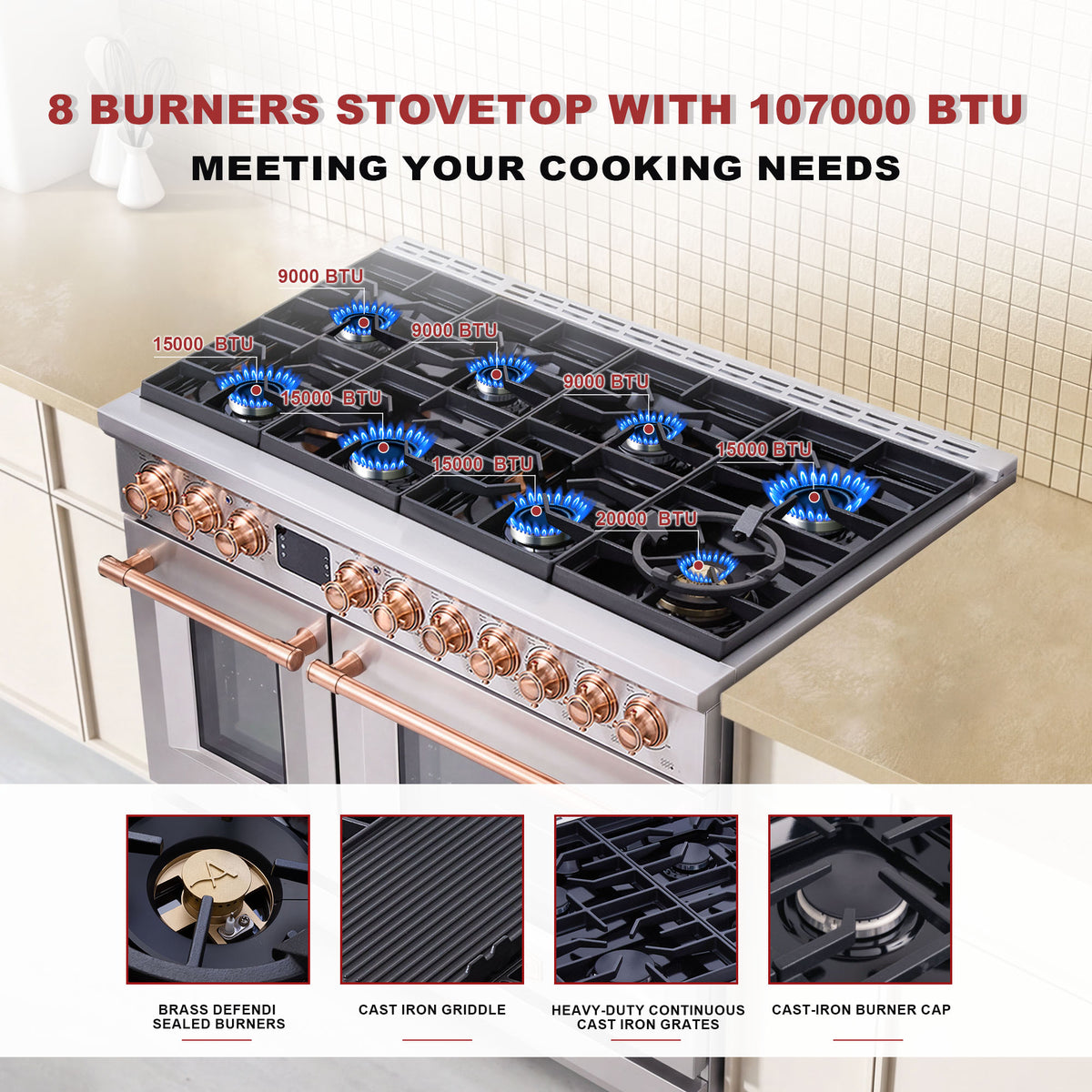 48” Freestanding Gas Range with 8 Sealed Burners & Digital Timer - Stainless Steel & Copper, Natural Gas/LP Convertible