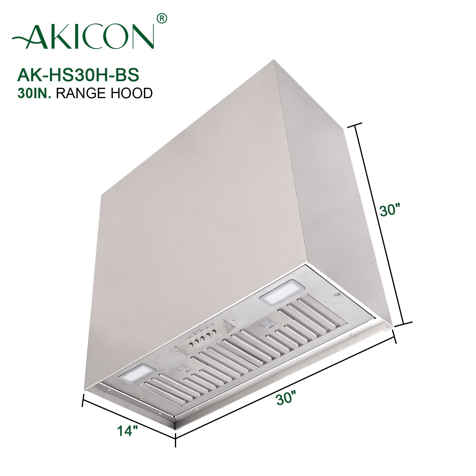 Akicon 30" Stainless Steel Range Hood, Modern Box Kitchen Hood with Powerful Vent Motor, Wall Mount, 30”W*30”H*14"D, Brushed Stainless