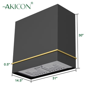 Akicon 30" Stainless Steel Range Hood, 600 CFM Wall Mount Vent Hood with Powerful Vent Motor, Modern Box Kitchen Hood with LED Lights, Charcoal Filter, One Stack