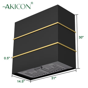 Akicon Wall Mount Range Hood 30", Stainless Steel Square Kitchen Vent Hood & 3 Speed Fan with 600 CFM, Energy Saving LED Light, Middle Stacks