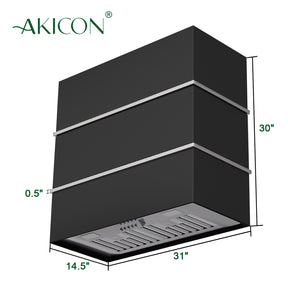 Akicon Wall Mount Range Hood 30", Stainless Steel Square Kitchen Vent Hood & 3 Speed Fan with 600 CFM, Energy Saving LED Light, Middle Stacks