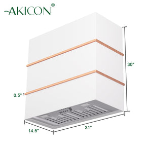 Akicon Wall Mount Range Hood 30", Stainless Steel Square Kitchen Vent Hood & Middle Stacks, 3 Speed Fan with 600 CFM, Energy Saving LED Light