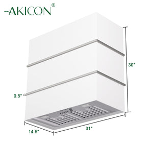 Akicon Wall Mount Range Hood 30", Stainless Steel Square Kitchen Vent Hood & Middle Stacks, 3 Speed Fan with 600 CFM, Energy Saving LED Light